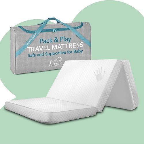 Foldable Travel Pack n Play Mattress Pad with Bag, Waterproof Portable Mini Crib Mattresses, Baby Bed Playpen Memory Foam Topper, Playard Pen Accessories, Traveling Case Included