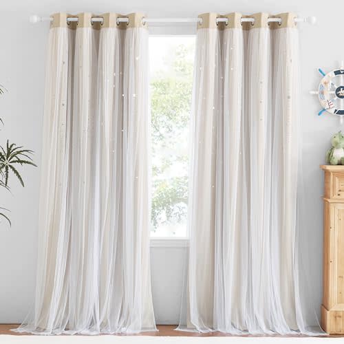 NICETOWN Kids Blackout Curtains for Baby Rooms Girl Princess Curtain for Daughter Bedroom Window Moon and Star Hollout Sliding Door Panel for Living Room (Biscotti Beige, W52 X L84, 1 Panel)