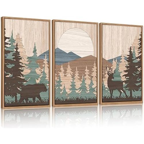 CHDITB Woodland Bear Moose Framed Wall Art(Set of 3, 24"x36"), Retro Wildlife Wild Animals Nature Forest Artwork Painting, Large Cabin Hunting Adventure Mountain Sun Posters Print for Nursery Boy Room