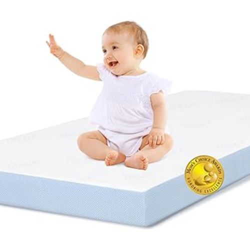 BABELIO Toddler Mattress for Crib Memory Foam 2 Stage Standard Size, with Removable Waterproof Cover Blue and White