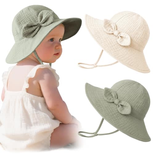 Konssy 2-Pack Muslin Baby Sun Hats for Girls with Bows, UPF 50+ | 100% Cotton, Sun Protection, Baby Bucket Hat, Adjustable Chin Strap, for Newborn &Infant, 0-6& 6-12 Months