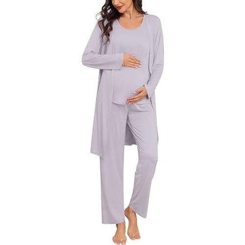 SWOMOG Women Maternity Nursing Robe Set 3 PCS Labor Delivery Breastfeeding Pajama Postpartum Pjs for Hospital Pregnancy
