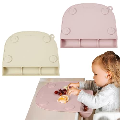 PandaEar 2-Pack Silicone Baby Placemats with Food Catcher, Non-Slip Suction Toddler Place Mats for Dining Table & High Chair, Waterproof Easy-Clean Reusable Table Mat (Pink & Linen)