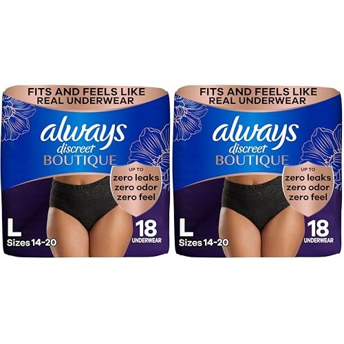 Always Discreet Boutique Incontinence and Postpartum Underwear for Women, Maximum Protection, L, Black, 18 Count (Packaging May Vary) (Pack of 2)