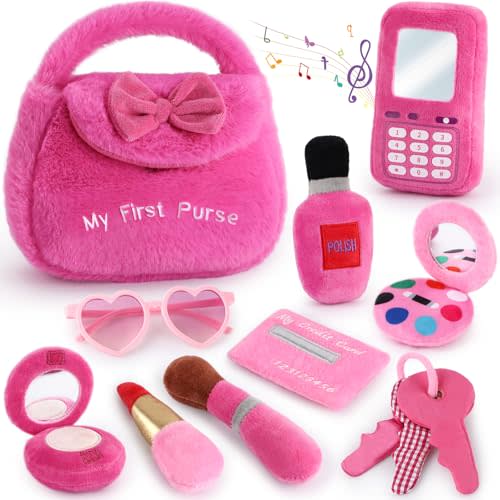 Golray My First Purse for Baby Girls, First Birthday Gifts for Girls 1 Year Old, 10 PCS Soft Plush Toddler Purse Set with Toy Phone, Play Makeup, Baby Keys & Sunglasses, Gifts for 1 2 3 Year Old Girl
