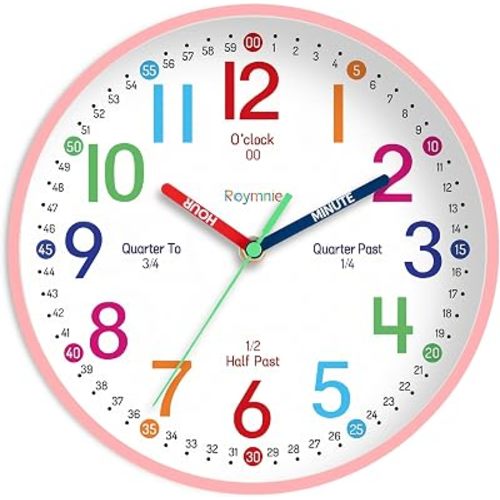 Roymnie Wall Clock 8 Inch for Kids Learning to Tell Time Easily Non Ticking Battery Operated Kids Teaching Clock Silent Colorful Teaching Time Clock Decorative for Kids Room Classroom School (Pink)