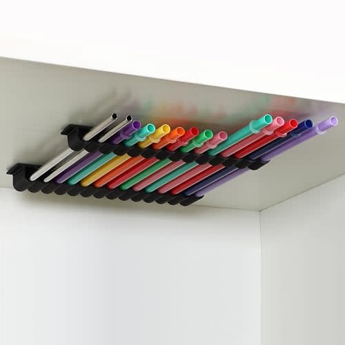 Baderke Straw Holder for Cabinet Reusable Straw Organizer with Double Sided Adhesive Tape Screws Storage Container for Kitchen Counter Cupboard(Black,Classic)