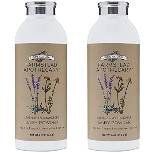 Farmstead Apothecary 100% Natural Baby Powder (Talc-Free) with Organic Tapioca Starch, Organic Chamomile Flowers, Organic Calendula Flowers, Lavender & Chamomile 4 oz (Pack of 2)