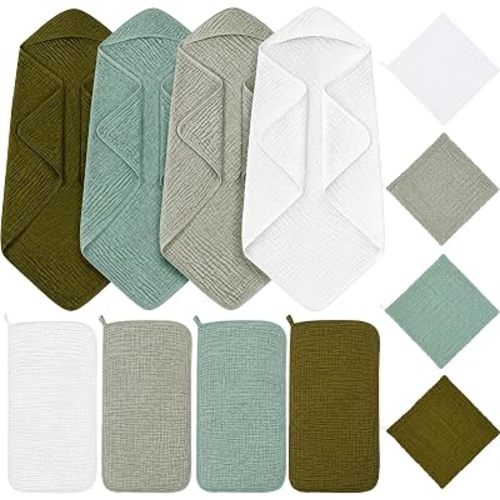 Breling 12 Pcs Muslin Hooded Baby Bath Towel Set, Green Series