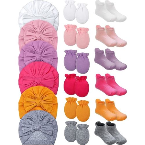 Leumoi 18 Pieces Newborn Baby No Scratch Mittens and Socks Sets Gloves Baby Turban Knot Hats Nonslip Grip Ankle Socks for Girls