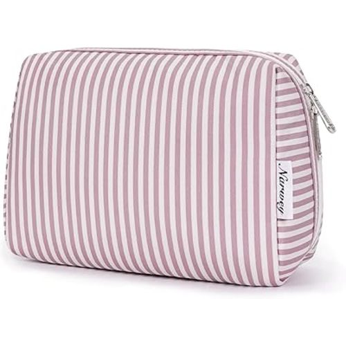 Narwey Striped Makeup Bag Travel Cosmetic Bag Organizer Toiletry Bag Make Up Bags with Compartments for Women Girls (Large, Dusty Rose Stripe)