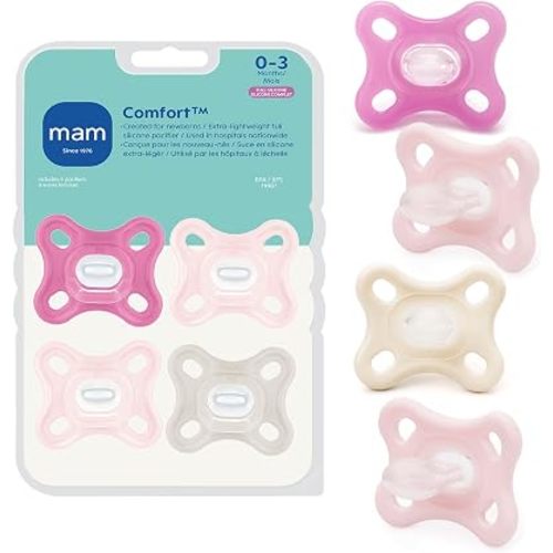 MAM Comfort Baby Pacifier 0-3 Mths Lightweight One-Piece Silicone 4 Pack