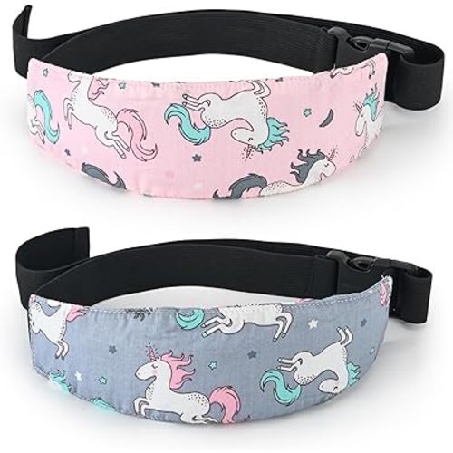 Fantasy Unicorn Baby Car Seat Head Support Strap, Pink & Grey, Cotton, 2 Pack, Adjustable Headrest Band for Stroller, Infant to Toddler