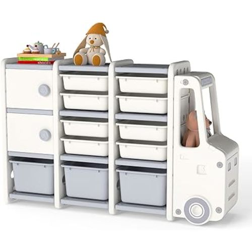 HONEY JOY Kids Toy Storage Organizer, Truck-Shaped Toy Chest w/2 Cabinets & 11 Removable Bins, Multipurpose Children Bookshelf w/Top Display Shelf & Hollow Front End for Playroom, Bedroom, Nursery