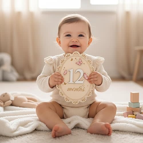 Wooden Baby Monthly Milestone Signs for Girls, 1-12 Month 3D Pink Butterfly Newborn Photography Props, Double Sided Scalloped Oval Milestone Markers, Baby Month Signs for Photoshoot Birth Announcement