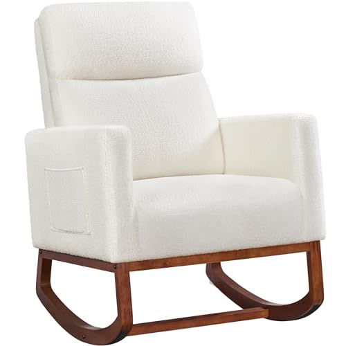 Yaheetech 28in Wide Padded High Back Glider Rocking Chair, Ivory Boucle | High Back Nursing Chair with Side Pockets, Thick Foam Glider Chair, Rubberwood Base, Leisure Rocker for Living Room Bedroom