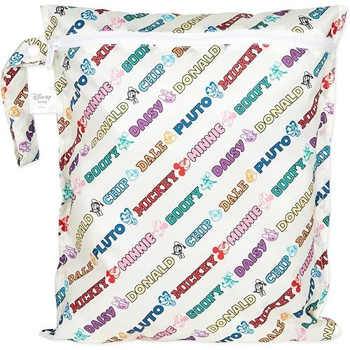 Bumkins Disney Waterproof Wet Bag for Baby, Travel, Swim Suit, Cloth Diaper, Pump Parts, Pool, Beach, Gym Clothes, Toiletry, Hook to Stroller, Daycare, Zipper Reusable Wetdry, Mickey and Friends White