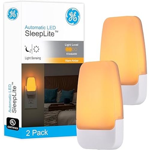 GE Sleeplite Night Lights Plug Into Wall, Dusk to Dawn Sensor, Ambient Lighting, Sleep Aid, Bathroom Décor, LED Lights for Bedroom, Apartment Essentials, Smart Home,76135, Amber, 2 Pack