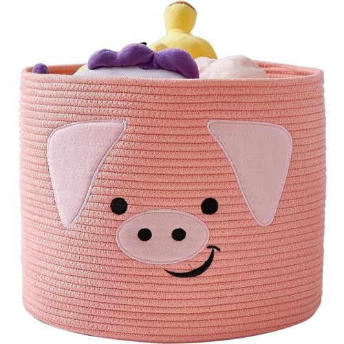 Animal Baskets Cotton Rope Woven Storage Basket for Toys Blankets Laundry Nursery, Large Foldable Organizer with Cute Pig Design and Handles, 15"D x 12.6"H (Pink)