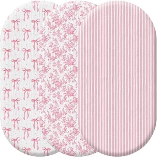 Peryiter Baby Muslin Bassinet Sheets 3 Pack, Featuring Pink Stripes, Flowers, and Bows, Standard Size 33x17, Breathable, Elastic, Cozy Fitted 100% Cotton Baby Cradle Mattress Sheet for Boys Girls
