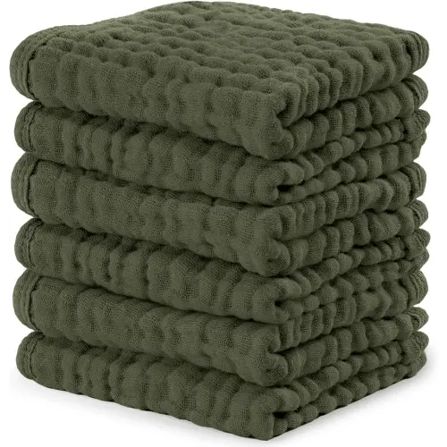Comfy Cubs Muslin Baby Washcloths 6 Pack - Soft 6-Layer Cotton Wash Cloths for Sensitive Skin - 10"x10" Large, Gentle, Absorbent Infant Essentials for Newborn and Toddlers - Kelp