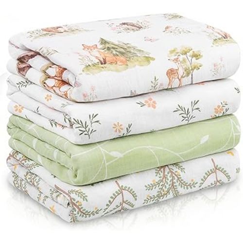 Muslin Swaddle Blankets for Newborn, 4 Pack Cotton Baby Blankets Neutral, Large 31.5 x 43.3 Breathable Soft Receiving Blanket, Essentials Swaddle Wrap Burping Clothes, Green Jungle Animal