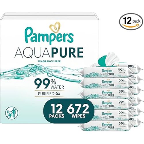 Pampers Aqua Pure Baby Wipes, 99% Water, Fragrance Free, 672 Baby Wipes Total (12X Flip-Top Packs) [Packaging May Vary]