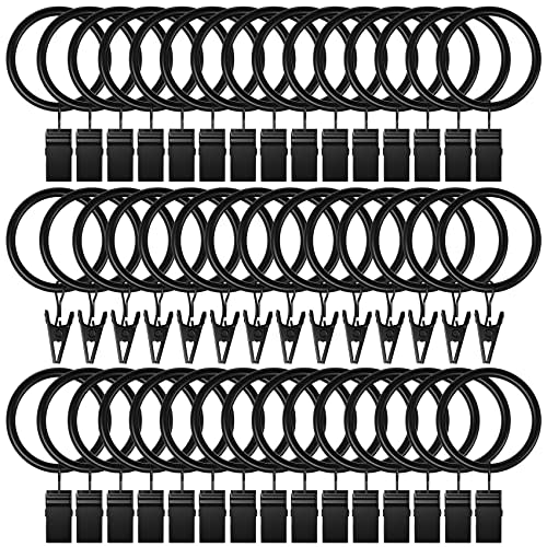 44 Pack Curtain Rings with Clips, Black Curtain Hooks Hangers 1" Interior Diameter, Metal Drapery Rings for Hanging Drapes Bows Tension Rod, Fits up to 5/8 in Curtain Rod