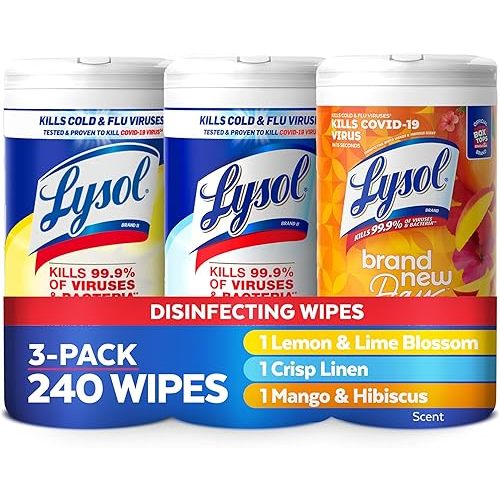 Lysol Disinfectant Wipes Bundle, Dorm Room Essentials, Multi-Surface Cleaning Wipes, For Disinfecting & Cleaning, Lemon & Lime Blossom, Crisp Linen, Mango & Hibiscus, 3x80 ct