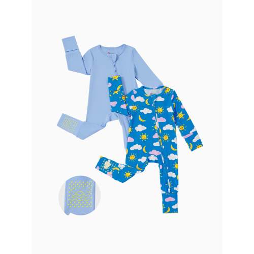 Bamboo Baby Boy/Girl 2-Pack Solid&Bee Printed 2-Way Zipper Anti Slip Footie Blue
