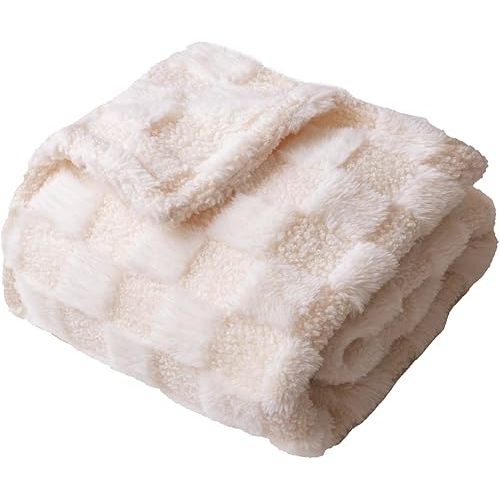 Checkered Baby Blanket Neutral Ultra Soft Baby Blanket Fuzzy Cozy Baby Blankets Warm Comfort Reversible Baby Bed Blanket for Toddlers Infant or Newborn (White)