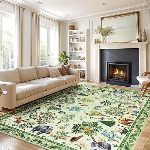 Area Rug 8x10 Clearance Rugs for Living Room Nursery Jungle Animal Print Rug for Kid Boy Playroom Washable Non Slip Rug for Bedroom, Farmhouse, Dining Room, Light Green