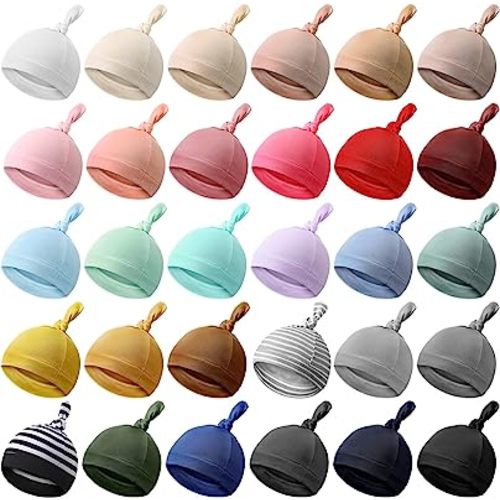 Bonuci 30 Pack Newborn Baby Hats Bulk Knot Beanie Hats Soft for Infant Baby Boys Girls Caps 0-6 Months, Multicolored