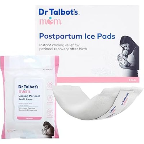 Postpartum Essentials Bundle of Dr. Talbot's Mom Postpartum Perineal Pad Liners, Instant Cooling Witch Hazel - 24 Liners + Dr. Talbot's Mom Postpartum Ice Pads for Pain Relief, 8-Pack