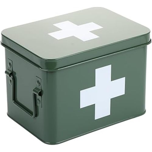 Lassos Boutique Retro Enameled First Aid Box for Medicine Storage and Home Decor with Lid and Removable Tray (Green/White)