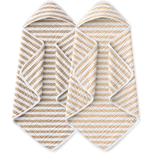 Yoofoss Hooded Baby Towels for Newborn 2 Pack 100% Muslin Organic Cotton Baby Bath Towel with Hood for Babies, Infant, Toddler and Kids, 32x32Inch, Soft and Absorbent, Beige Brown Striped