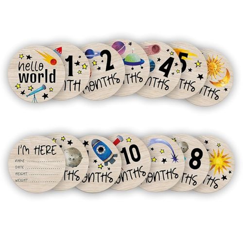 Baby Monthly Milestone Circles, Astronaut Space Stuff Wooden Discs for Baby Photo Takens with Hello World Signs - 7 Pcs Double Sides Round Circles Signs for Documenting Growth