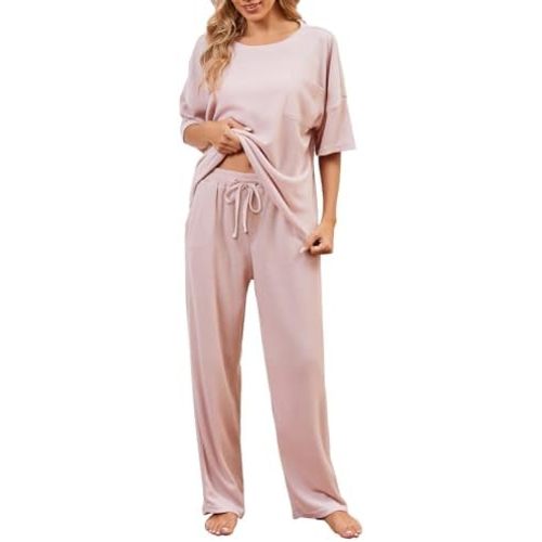 JiniGolla Womens Pajama Sets Waffle Knit Short Sleeve Shirt with Long Pajama Pants Soft Sleepwear Pj Lounge Sets
