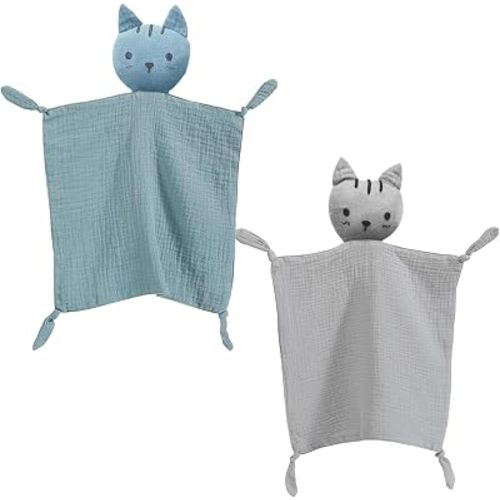 insular Lovey Blanket for Boys and Girls, Organic Cotton Muslin Security Blanket for Babies, Soft Breathable Lovie Soothing Towel for Newborn and Infant, Blue Cat&Gray Cat