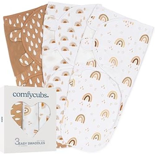Comfy Cubs Easy Swaddle Blanket, 3 Pack - 100% Cotton Newborn Wrap, Small for 0-3 Months Infants, with Adjustable Velcro, Breathable and Durable Sleep Sack for Babies - Rainbow Bohemian