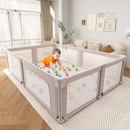 Foldable Playpen with Mat for Babies and Toddlers, 73" x 61" Baby Play Pen for Indoor & Outdoor, Playard with Soft Breathable Mesh, Pull-Link and Ocean Balls, Pink