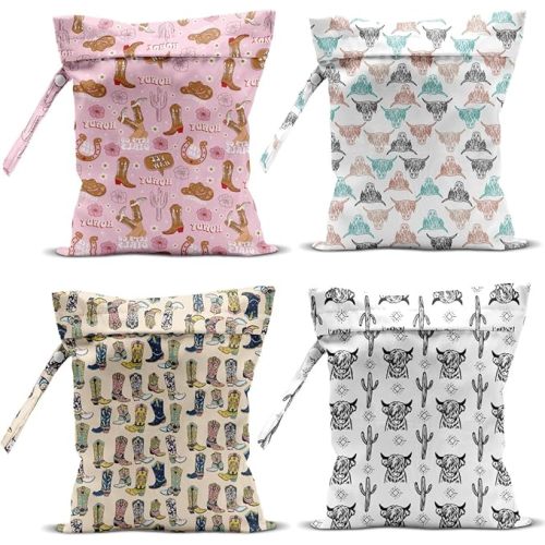 4Pcs Waterproof Wet Bag for Swimsuit, Travel Beach Wet Dry Bag, Hidden Zipper Reusable Western Cowgirl Decor, for Travel Beach Wet Swimsuits Toiletries Diapers Laundry Bag