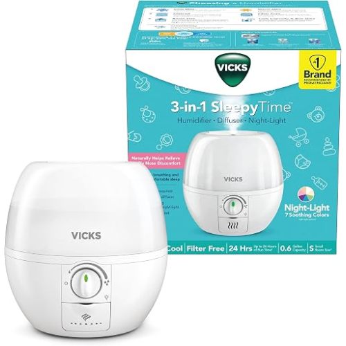 Vicks Humidifier 3-in-1 SleepyTime Cool Mist Humidifier for Nursery, White