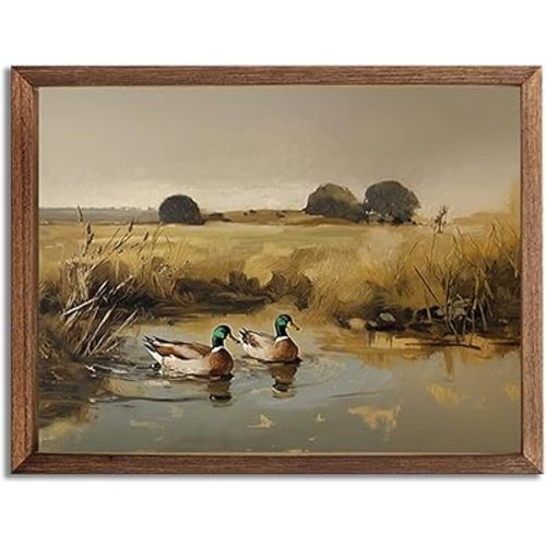 Mallard Duck Poster Animal Farmhouse Canvas Wall Art Nature Vintage Preppy Oil Painting Style Wall Decor Bird Hunter Gift for Bedroom Living Room Bathroom Nursery Office Hoom Decor 8x10in Wood Framed