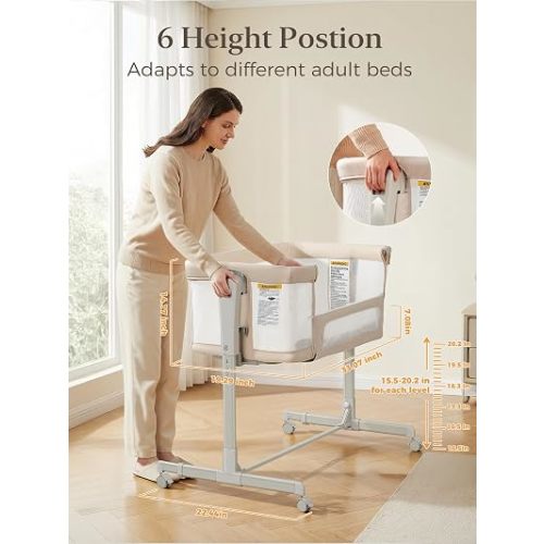 ONTHEWEI Baby Bassinet Bedside Sleeper 3-in-1, Easy Night Feeding with One-Side Fold & Rolling Wheels, Breathable Mesh, 6-Height Adjustable, Soft Mattress for Newborns