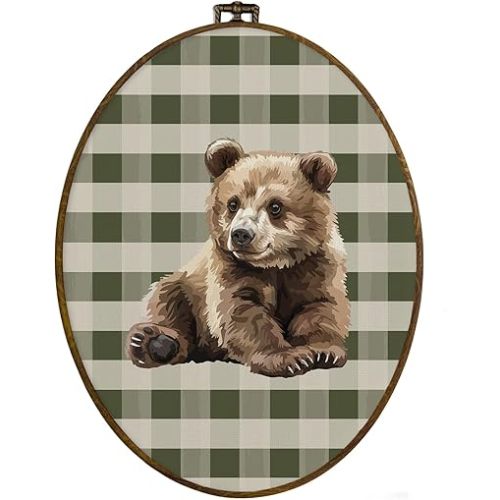 dvhdajed Vintage Bear Oval Wall Art Decor, Cabin Bear Green Checkered Framed Canvas Art, Baby Boys Nursery Decoration, Farmhouse Rustic Animal Wall Hanging Decor for Toddler Room Bedroom,8.7x11.3 In