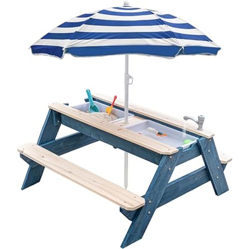 Kids 3-in-1 Sand & Water Table, Wood Outdoor Convertible Picnic Table w/Umbrella, 2 Trays, Removable Top with Faucet, Picnic Table for Outdoor Playset (Blue/Navy)