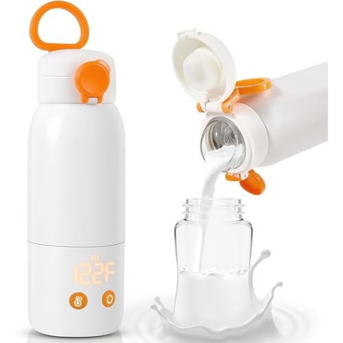 Portable Bottle Warmer for Travel, 12oz Large Capacity Fast Heating Breast Milk, Water & Formula On The Go Baby Bottle Warmer Accurate Temp Control with 4 Levels Long Battery Life for Car & Airplane