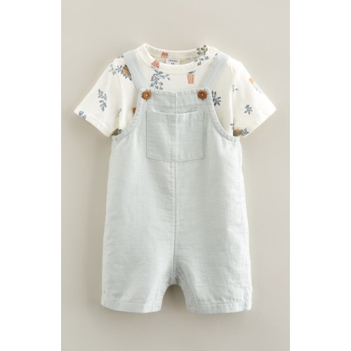 Cotton Bodysuit & Shortalls Set, 9M, Ivory Egret Plants