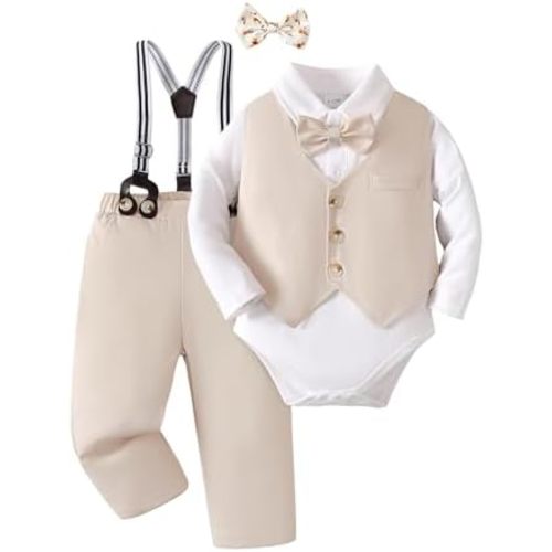 Newborn Baby Boy Clothes Suit Tuxedo Baptism Outfit Christening Top+Suspenders Pants+Vest+Bow Tie 5PCS 0-24 Months